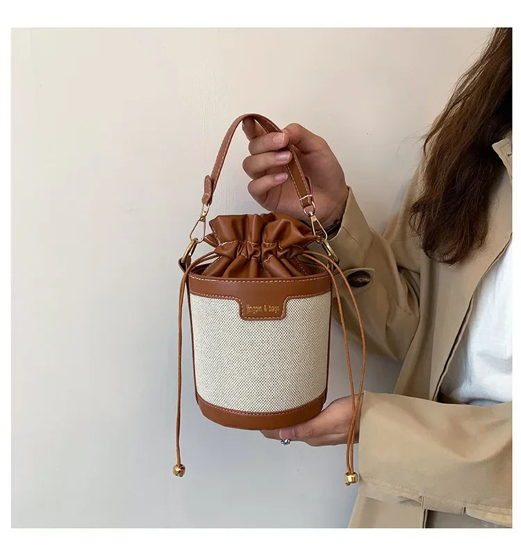 Womens Shoulder Bags Cylinder PU Leather Bucket Ladies Crossbody Bag Casual Drawstring Handbags Purse for Summer Travel Shopping