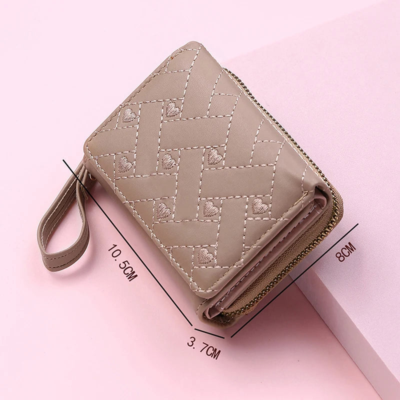 Women's Wallet Tri Fold Card Bag PU Multi Objects Pocket Short Fashion Embroidered Love Pattern Korean Minimalist New 2024