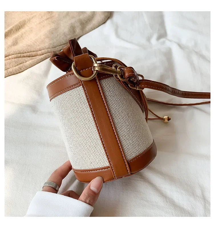 Womens Shoulder Bags Cylinder PU Leather Bucket Ladies Crossbody Bag Casual Drawstring Handbags Purse for Summer Travel Shopping