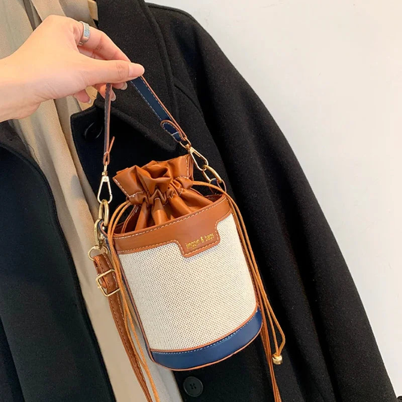 Womens Shoulder Bags Cylinder PU Leather Bucket Ladies Crossbody Bag Casual Drawstring Handbags Purse for Summer Travel Shopping