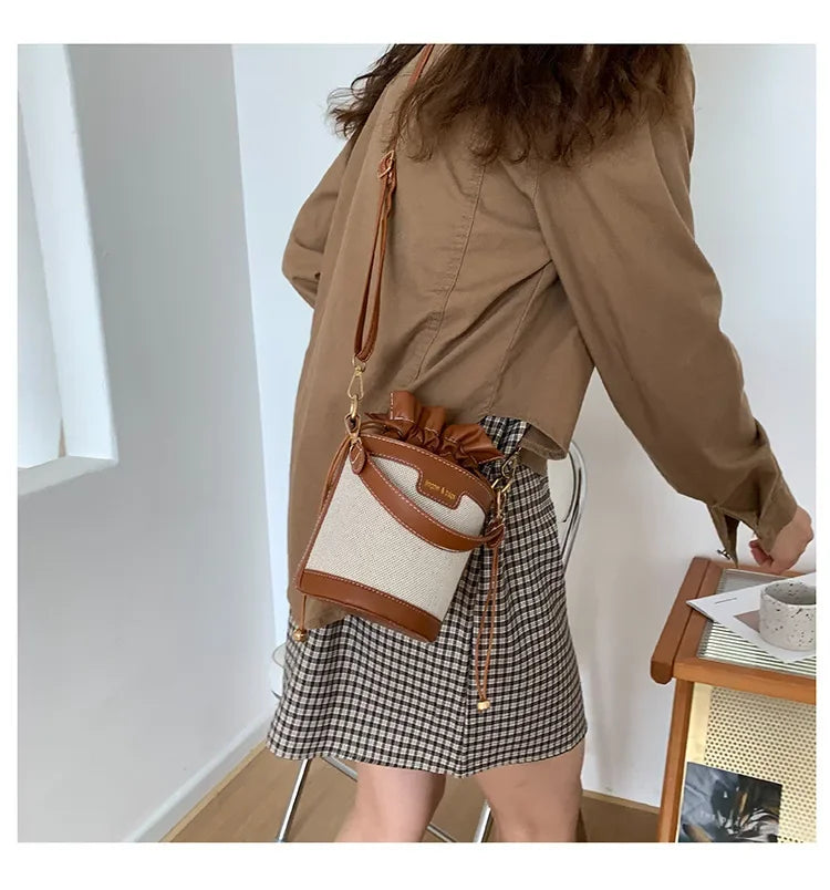 Womens Shoulder Bags Cylinder PU Leather Bucket Ladies Crossbody Bag Casual Drawstring Handbags Purse for Summer Travel Shopping