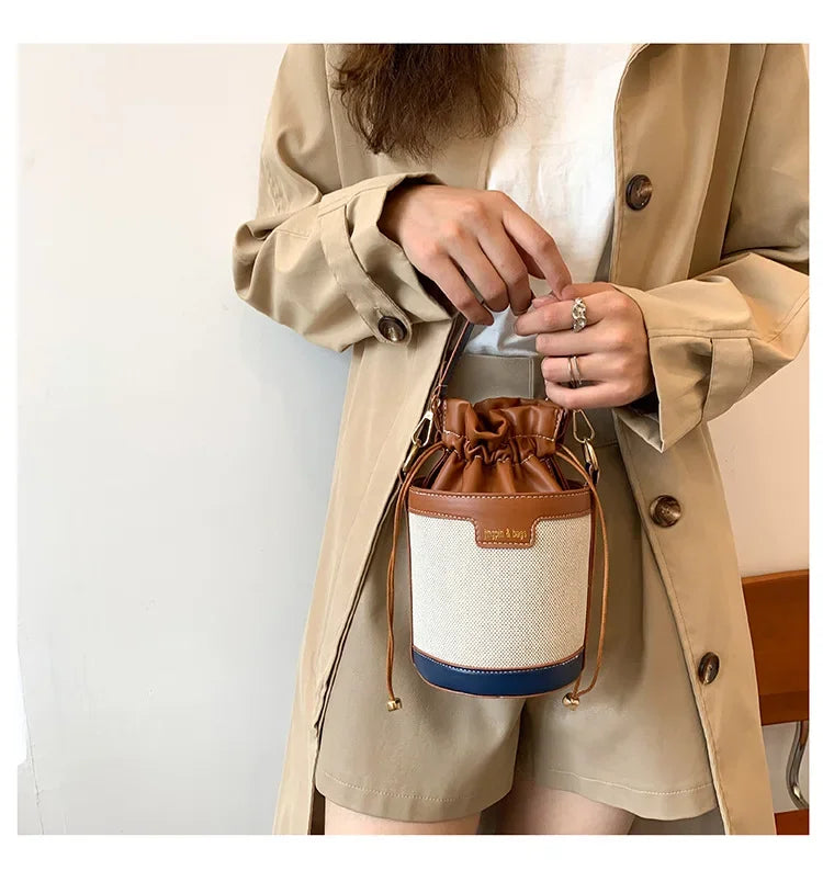 Womens Shoulder Bags Cylinder PU Leather Bucket Ladies Crossbody Bag Casual Drawstring Handbags Purse for Summer Travel Shopping