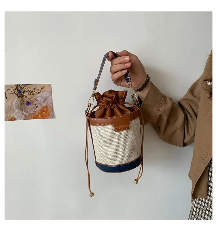 Womens Shoulder Bags Cylinder PU Leather Bucket Ladies Crossbody Bag Casual Drawstring Handbags Purse for Summer Travel Shopping