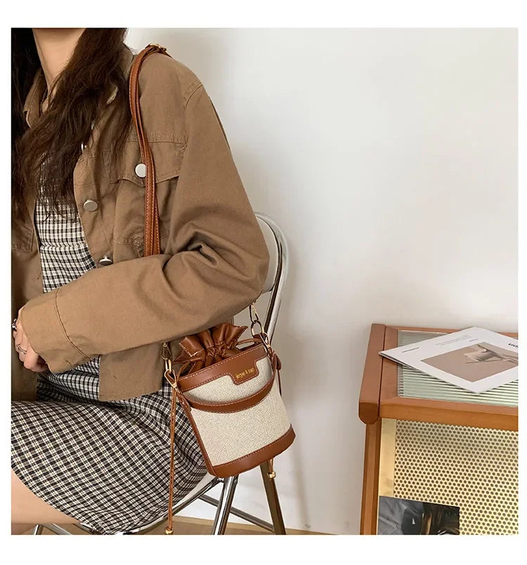 Womens Shoulder Bags Cylinder PU Leather Bucket Ladies Crossbody Bag Casual Drawstring Handbags Purse for Summer Travel Shopping