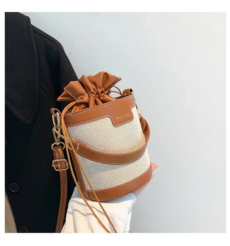 Womens Shoulder Bags Cylinder PU Leather Bucket Ladies Crossbody Bag Casual Drawstring Handbags Purse for Summer Travel Shopping