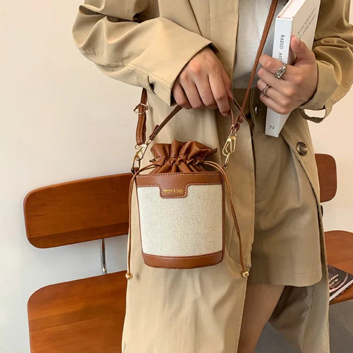 Womens Shoulder Bags Cylinder PU Leather Bucket Ladies Crossbody Bag Casual Drawstring Handbags Purse for Summer Travel Shopping