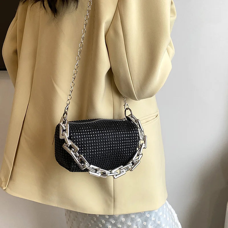 Allover Rhinestone Bucket Bag, Glitter Chain Prom Purse, Women's Mini Crossbody Bag