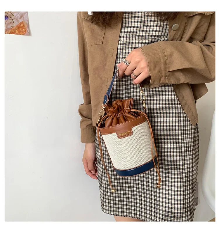 Womens Shoulder Bags Cylinder PU Leather Bucket Ladies Crossbody Bag Casual Drawstring Handbags Purse for Summer Travel Shopping