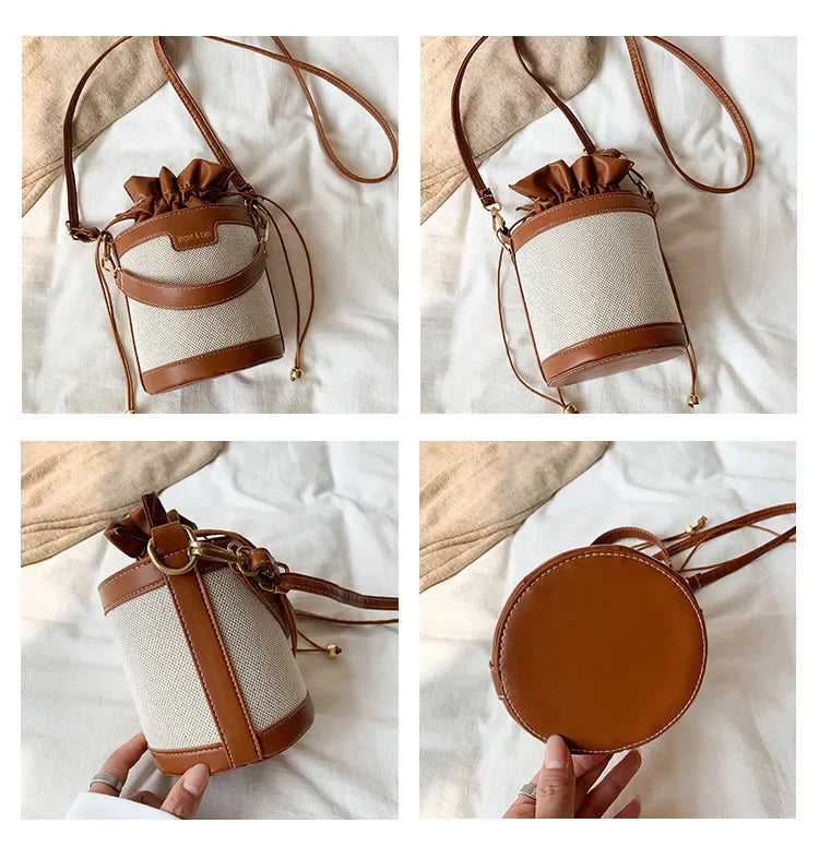 Womens Shoulder Bags Cylinder PU Leather Bucket Ladies Crossbody Bag Casual Drawstring Handbags Purse for Summer Travel Shopping