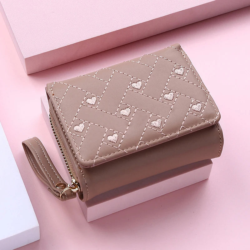 Women's Wallet Tri Fold Card Bag PU Multi Objects Pocket Short Fashion Embroidered Love Pattern Korean Minimalist New 2024