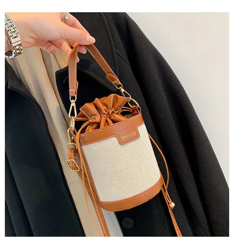 Womens Shoulder Bags Cylinder PU Leather Bucket Ladies Crossbody Bag Casual Drawstring Handbags Purse for Summer Travel Shopping