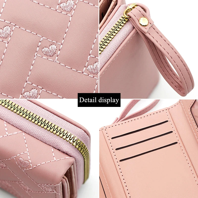 Women's Wallet Tri Fold Card Bag PU Multi Objects Pocket Short Fashion Embroidered Love Pattern Korean Minimalist New 2024