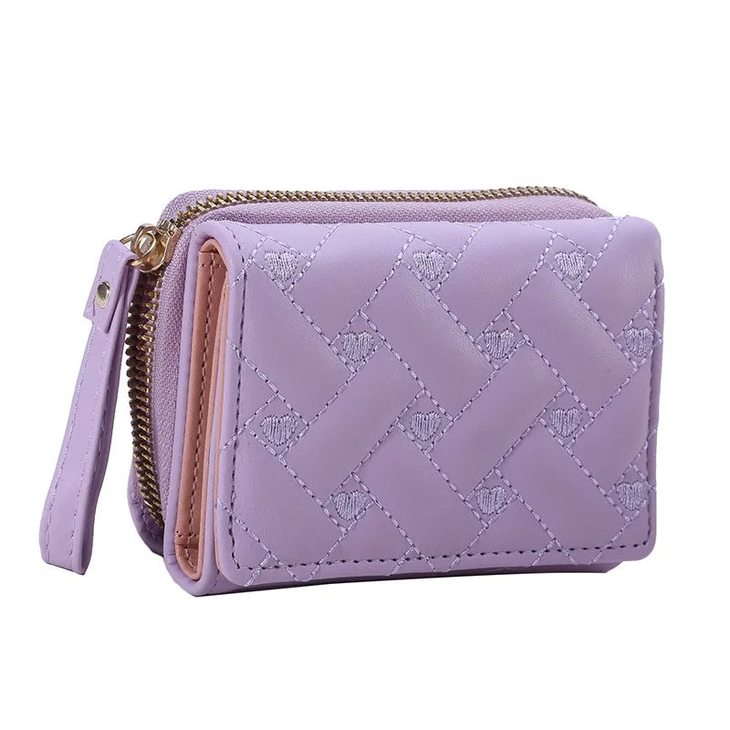 Women's Wallet Tri Fold Card Bag PU Multi Objects Pocket Short Fashion Embroidered Love Pattern Korean Minimalist New 2024