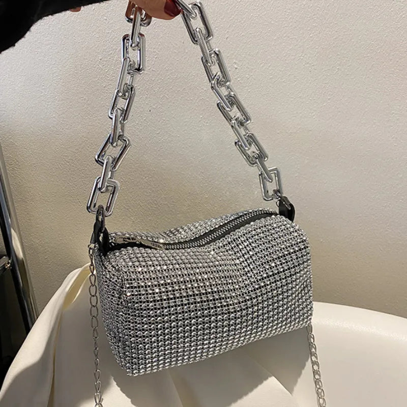 Allover Rhinestone Bucket Bag, Glitter Chain Prom Purse, Women's Mini Crossbody Bag (6.3*3.54) Inch