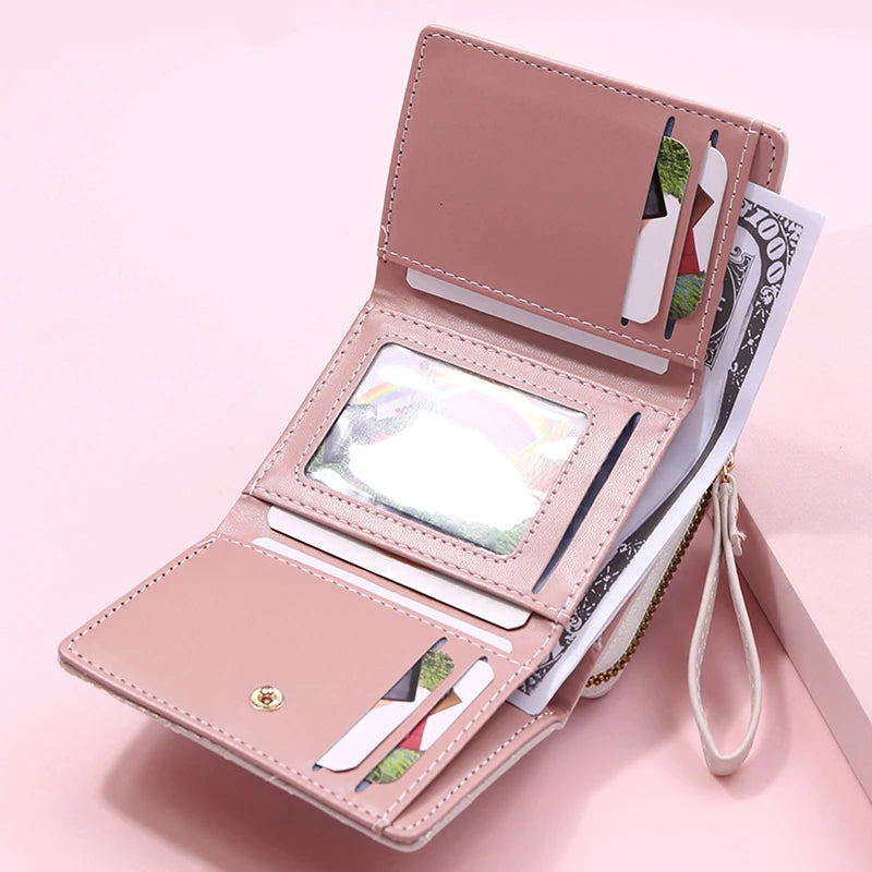 Women's Wallet Tri Fold Card Bag PU Multi Objects Pocket Short Fashion Embroidered Love Pattern Korean Minimalist New 2024