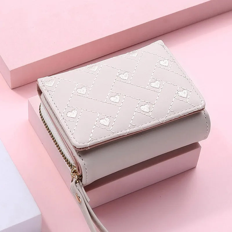 Women's Wallet Tri Fold Card Bag PU Multi Objects Pocket Short Fashion Embroidered Love Pattern Korean Minimalist New 2024