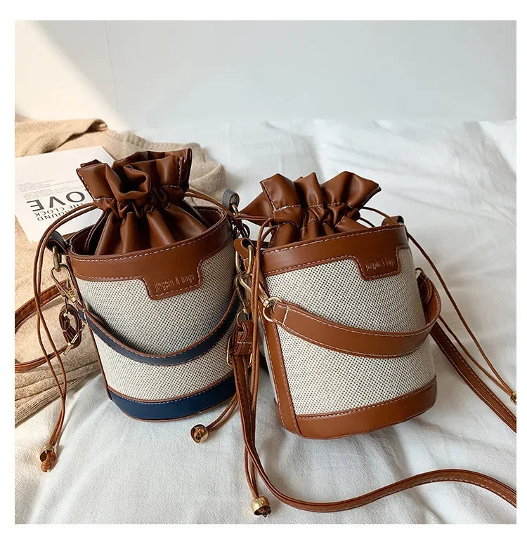 Womens Shoulder Bags Cylinder PU Leather Bucket Ladies Crossbody Bag Casual Drawstring Handbags Purse for Summer Travel Shopping