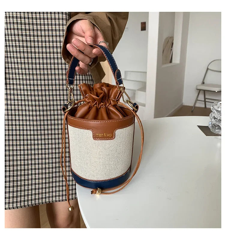 Womens Shoulder Bags Cylinder PU Leather Bucket Ladies Crossbody Bag Casual Drawstring Handbags Purse for Summer Travel Shopping