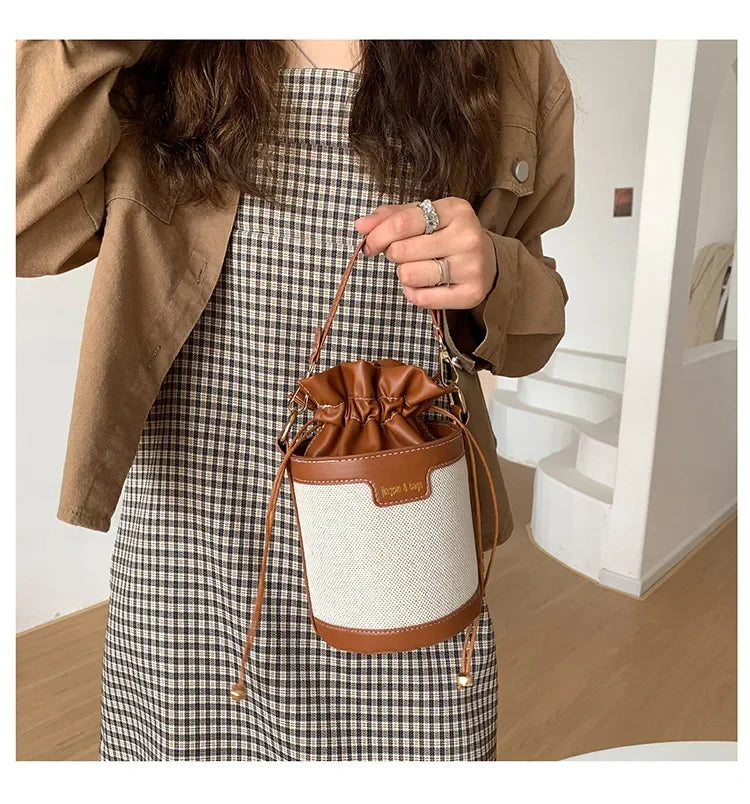 Womens Shoulder Bags Cylinder PU Leather Bucket Ladies Crossbody Bag Casual Drawstring Handbags Purse for Summer Travel Shopping