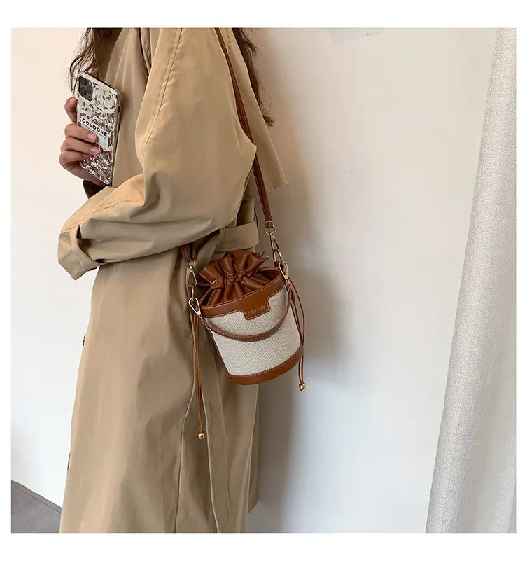 Womens Shoulder Bags Cylinder PU Leather Bucket Ladies Crossbody Bag Casual Drawstring Handbags Purse for Summer Travel Shopping