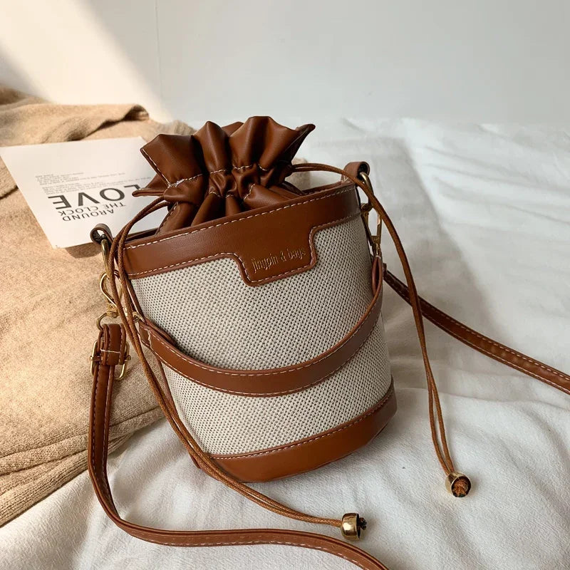 Womens Shoulder Bags Cylinder PU Leather Bucket Ladies Crossbody Bag Casual Drawstring Handbags Purse for Summer Travel Shopping