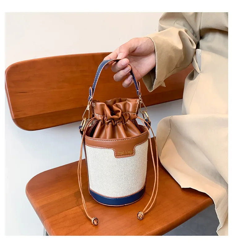 Womens Shoulder Bags Cylinder PU Leather Bucket Ladies Crossbody Bag Casual Drawstring Handbags Purse for Summer Travel Shopping