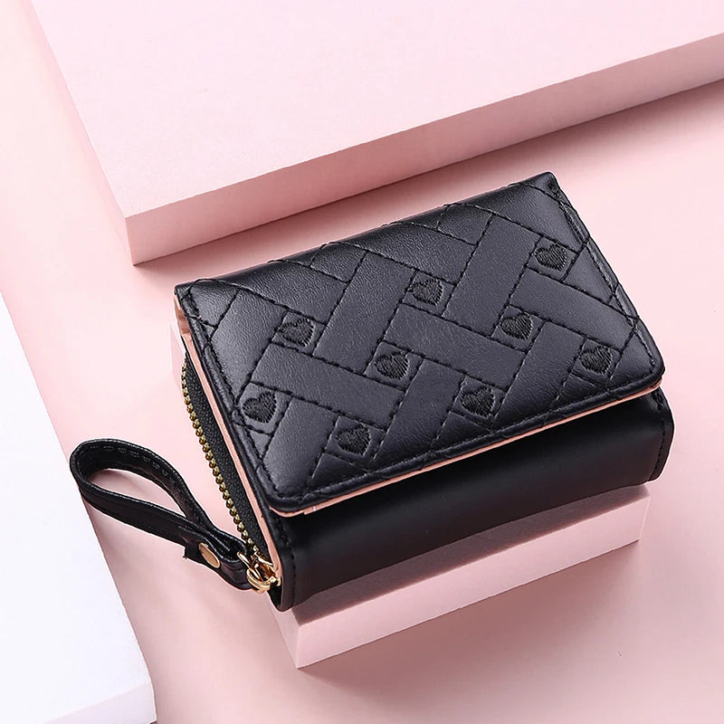 Women's Wallet Tri Fold Card Bag PU Multi Objects Pocket Short Fashion Embroidered Love Pattern Korean Minimalist New 2024