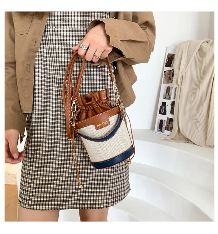 Womens Shoulder Bags Cylinder PU Leather Bucket Ladies Crossbody Bag Casual Drawstring Handbags Purse for Summer Travel Shopping