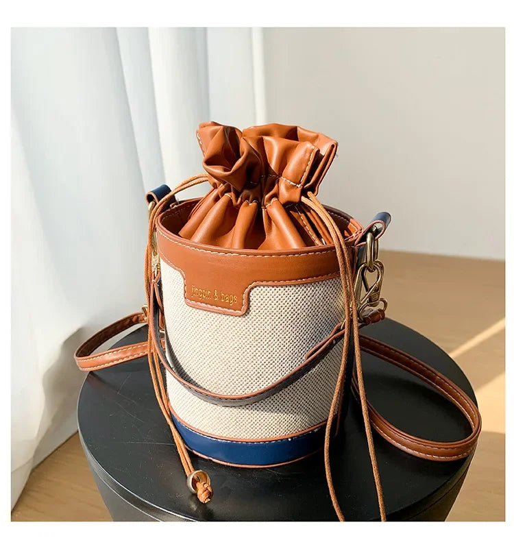 Womens Shoulder Bags Cylinder PU Leather Bucket Ladies Crossbody Bag Casual Drawstring Handbags Purse for Summer Travel Shopping