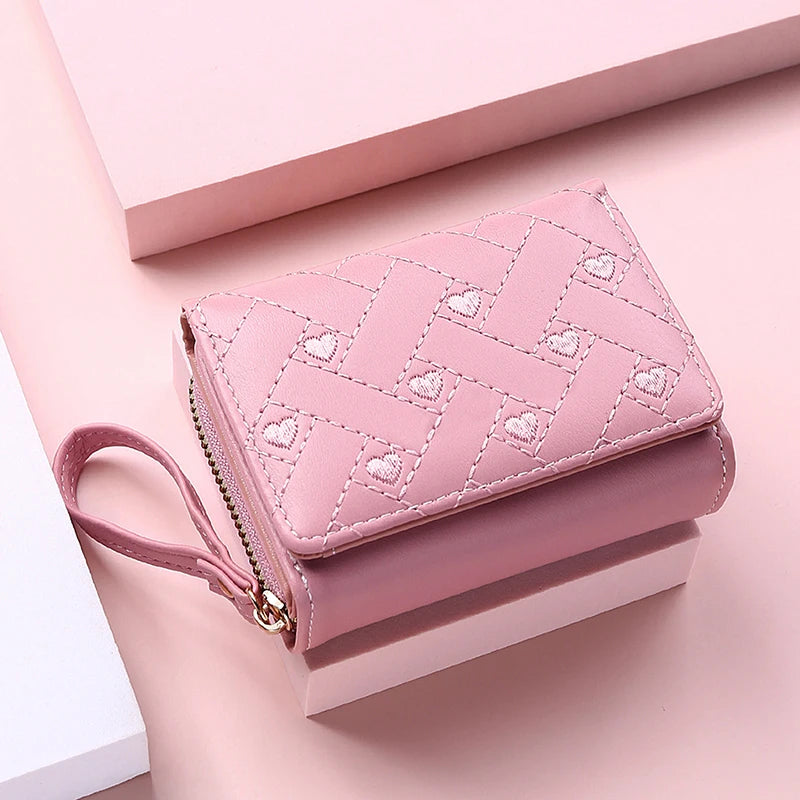 Women's Wallet Tri Fold Card Bag PU Multi Objects Pocket Short Fashion Embroidered Love Pattern Korean Minimalist New 2024