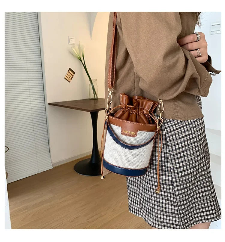 Womens Shoulder Bags Cylinder PU Leather Bucket Ladies Crossbody Bag Casual Drawstring Handbags Purse for Summer Travel Shopping