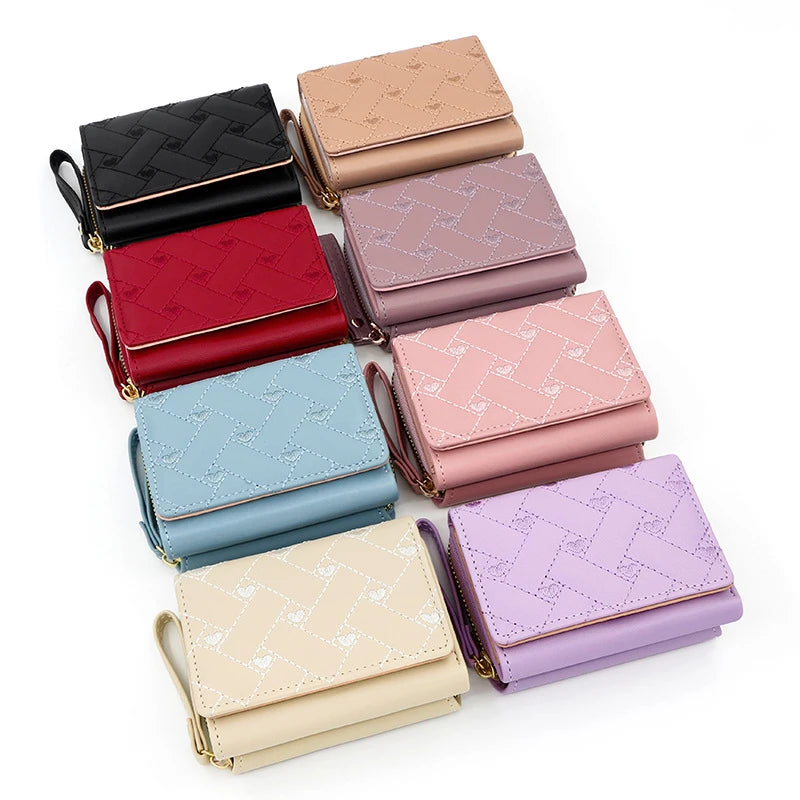 Women's Wallet Tri Fold Card Bag PU Multi Objects Pocket Short Fashion Embroidered Love Pattern Korean Minimalist New 2024