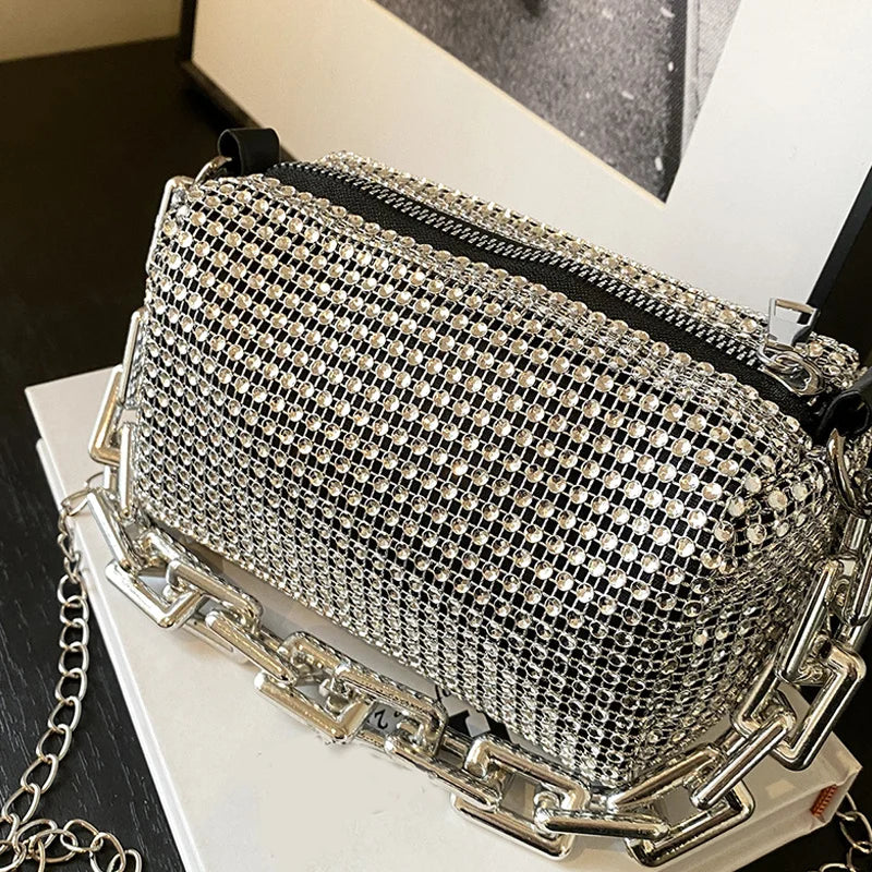 Allover Rhinestone Bucket Bag, Glitter Chain Prom Purse, Women's Mini Crossbody Bag