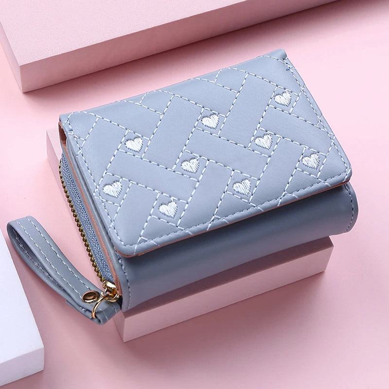 Women's Wallet Tri Fold Card Bag PU Multi Objects Pocket Short Fashion Embroidered Love Pattern Korean Minimalist New 2024