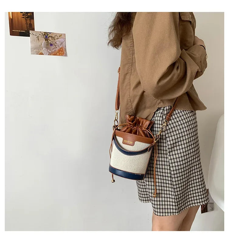 Womens Shoulder Bags Cylinder PU Leather Bucket Ladies Crossbody Bag Casual Drawstring Handbags Purse for Summer Travel Shopping