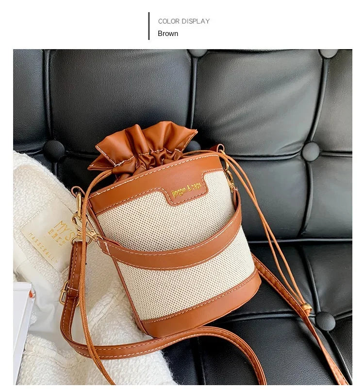 Womens Shoulder Bags Cylinder PU Leather Bucket Ladies Crossbody Bag Casual Drawstring Handbags Purse for Summer Travel Shopping