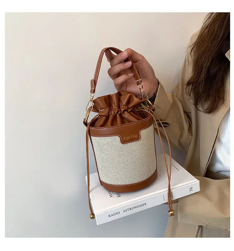 Womens Shoulder Bags Cylinder PU Leather Bucket Ladies Crossbody Bag Casual Drawstring Handbags Purse for Summer Travel Shopping