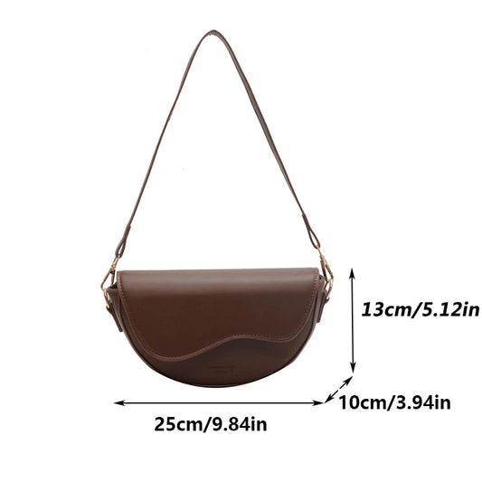 Women Vintage Solid Color Flap Small Saddle Shoulder Underarm Bag Fashion PU Leather Wide Strap Crossbody Bag