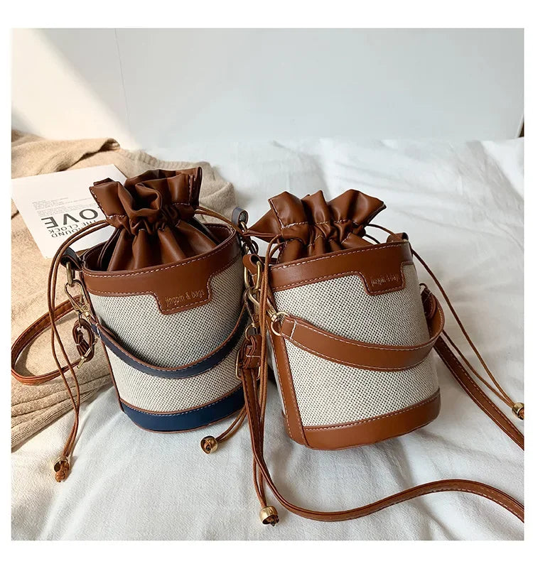 Womens Shoulder Bags Cylinder PU Leather Bucket Ladies Crossbody Bag Casual Drawstring Handbags Purse for Summer Travel Shopping